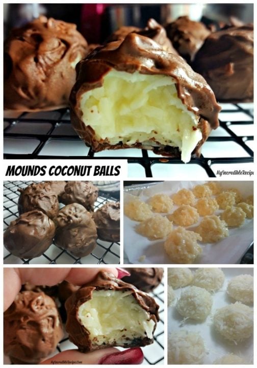Mounds Coconut Copycat Chocolate Balls on a wire cooling rack with a bite missing from the front one collage