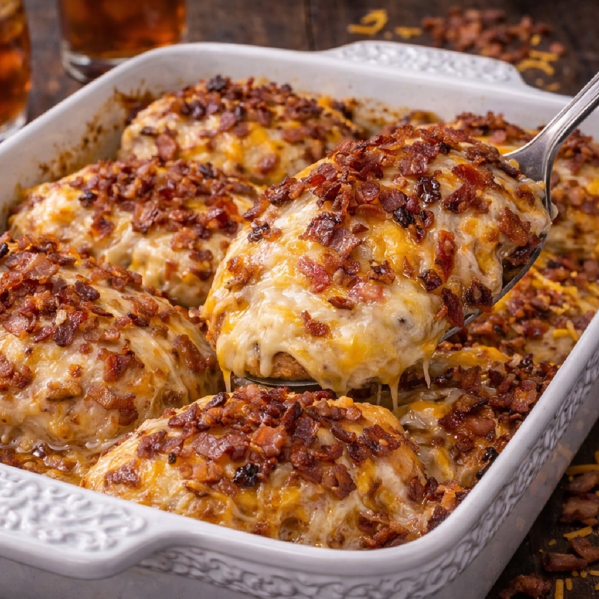 Four Cheese Bacon Stuffed Smothered Chicken Casserole!