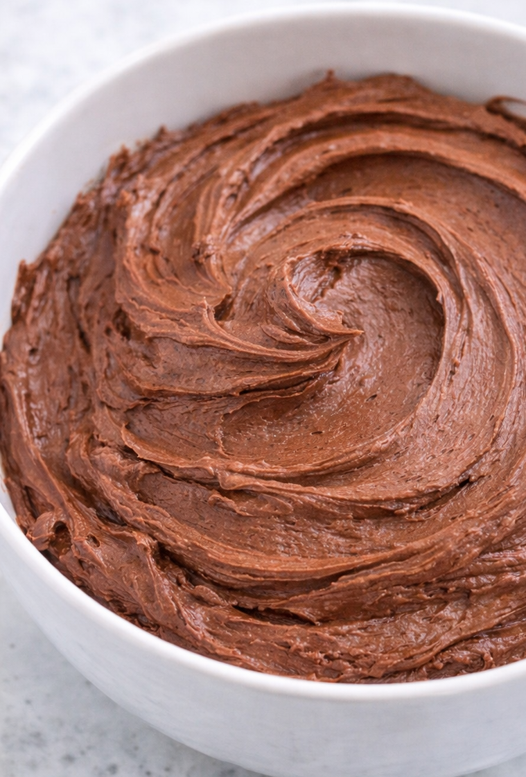Chocolate Buttercream Frosting up close in a white serving bowl