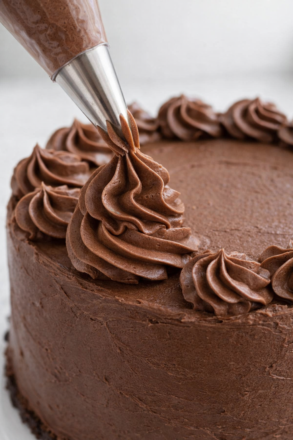 Chocolate Buttercream frosting being piped onto a cake