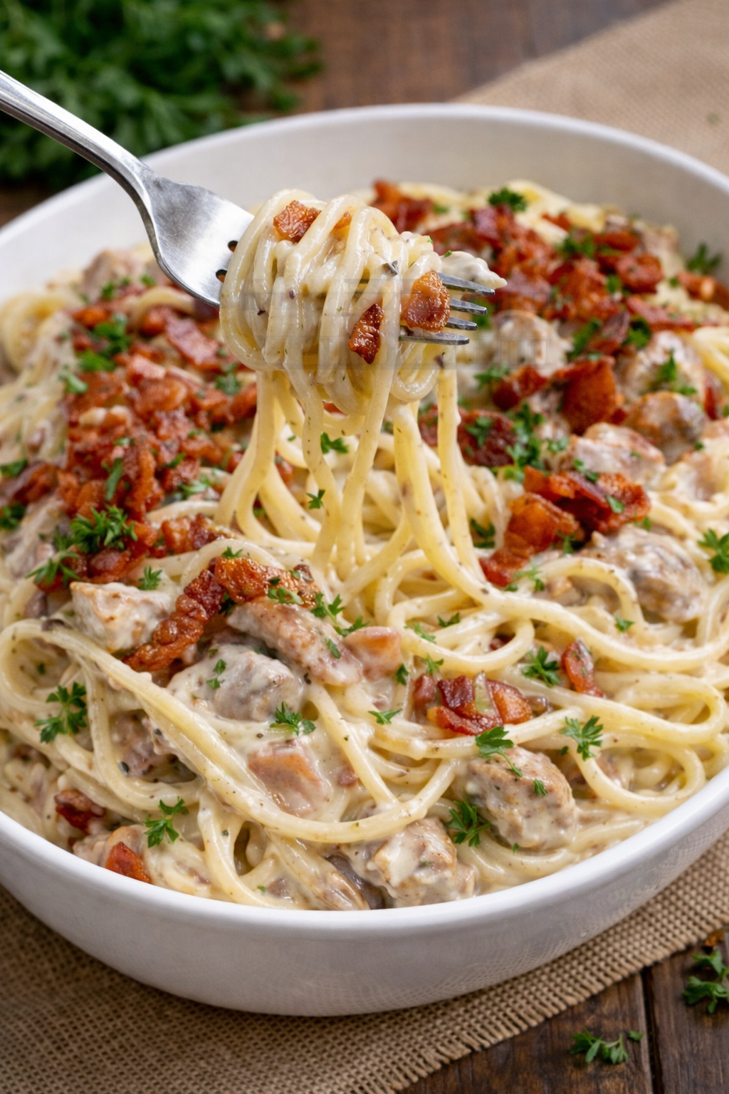 Creamy Bacon Carbonara with Chicken in a big white bowl with a fork lifting up a bite