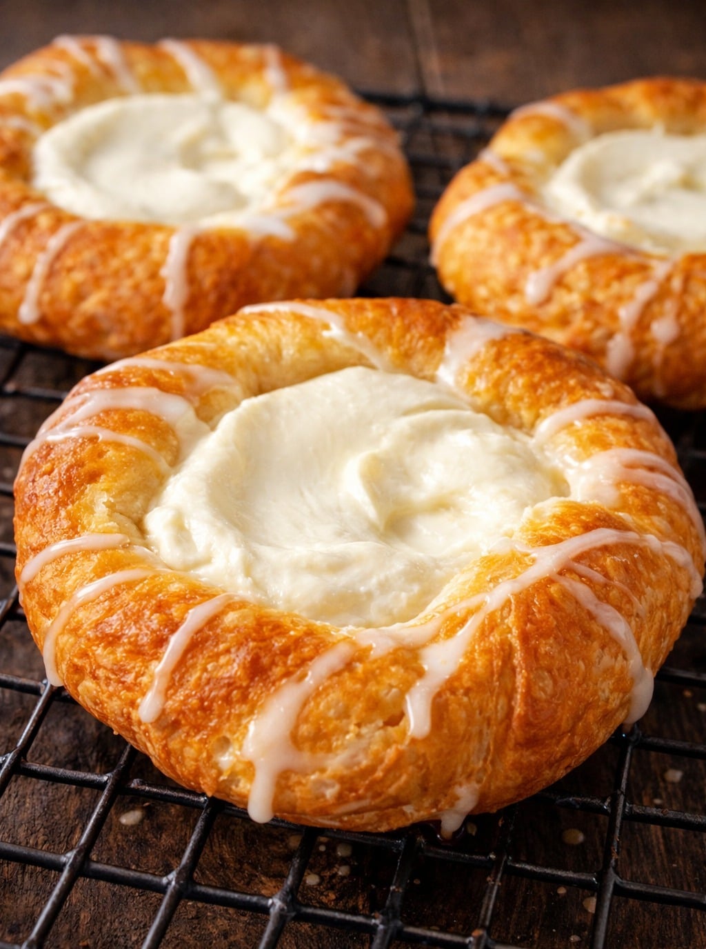 Crescent Roll Cheese Danishes on a wire cooling rack 