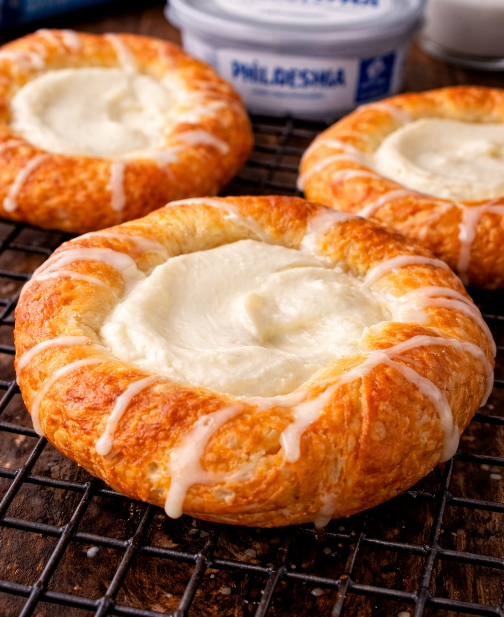 Crescent Roll Cheese Danishes on a wire cooling rack with ingredients behind 