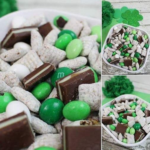 collage of the Andes Mint Muddy Buddies in a pretty white bowl on a whitewashed wood table