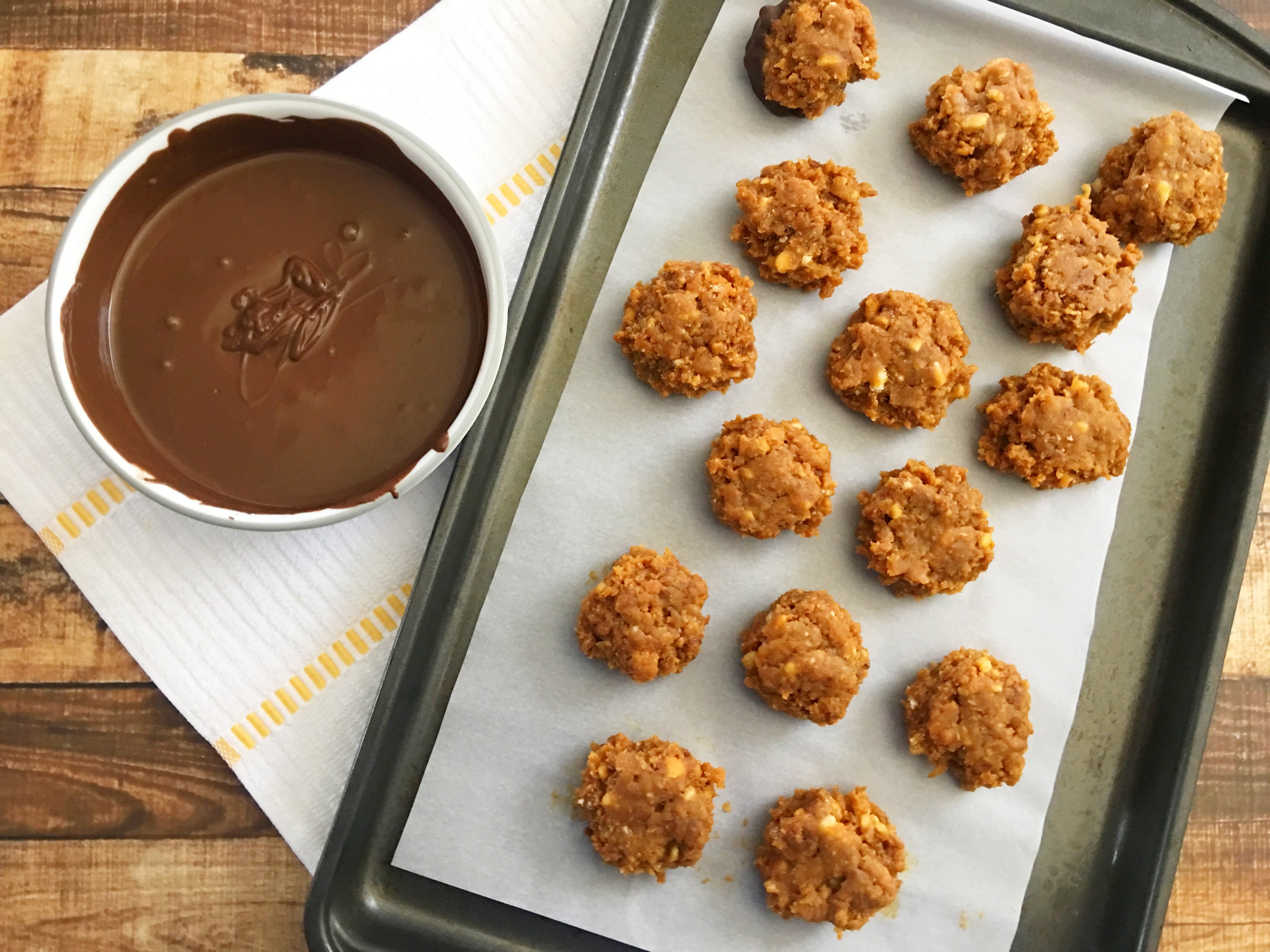 Samoa Bites on a parchment paper lined baking sheet