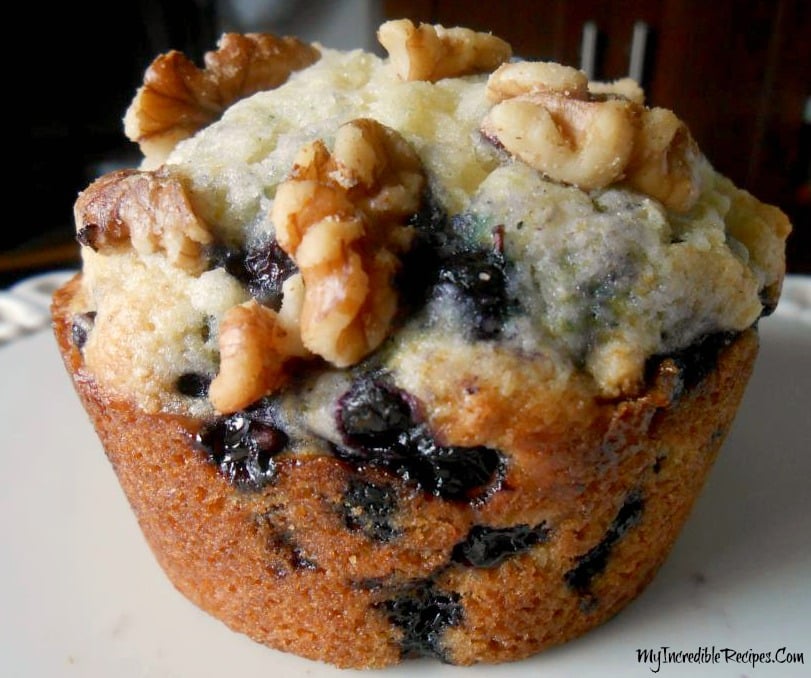 Blueberry Walnut Muffin on a pretty white plate 