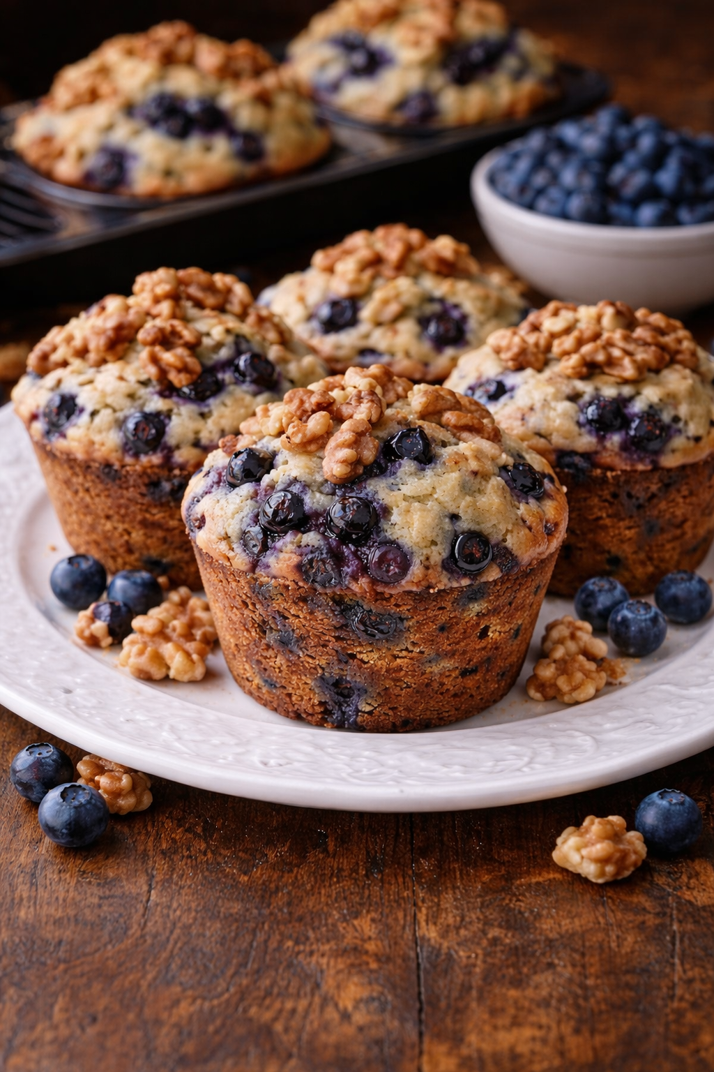 Blueberry Walnut Muffins on a pretty white plate 