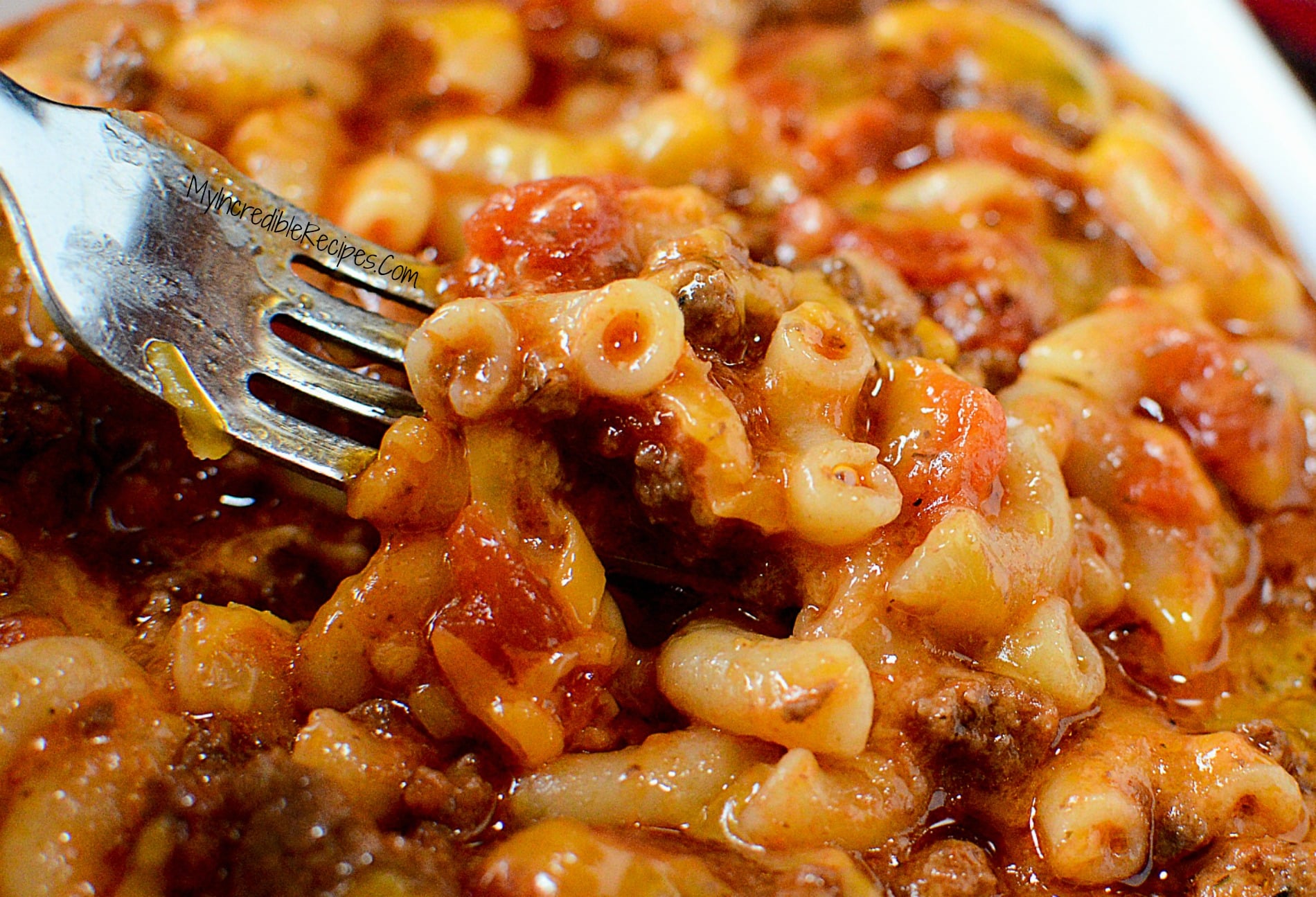 Old Fashioned Goulash close up of a fork lifting some up