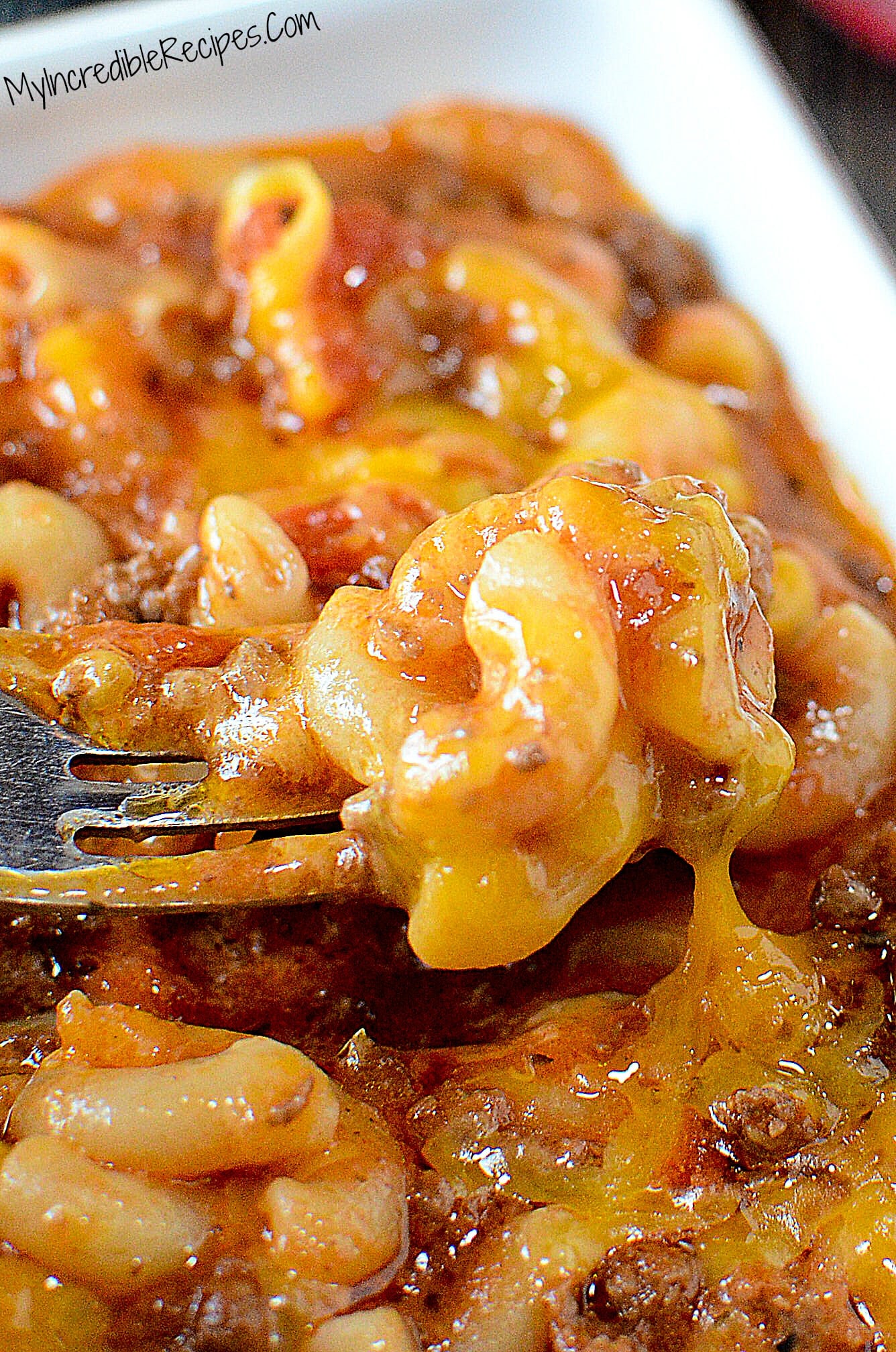 Old Fashioned Goulash in a white dish