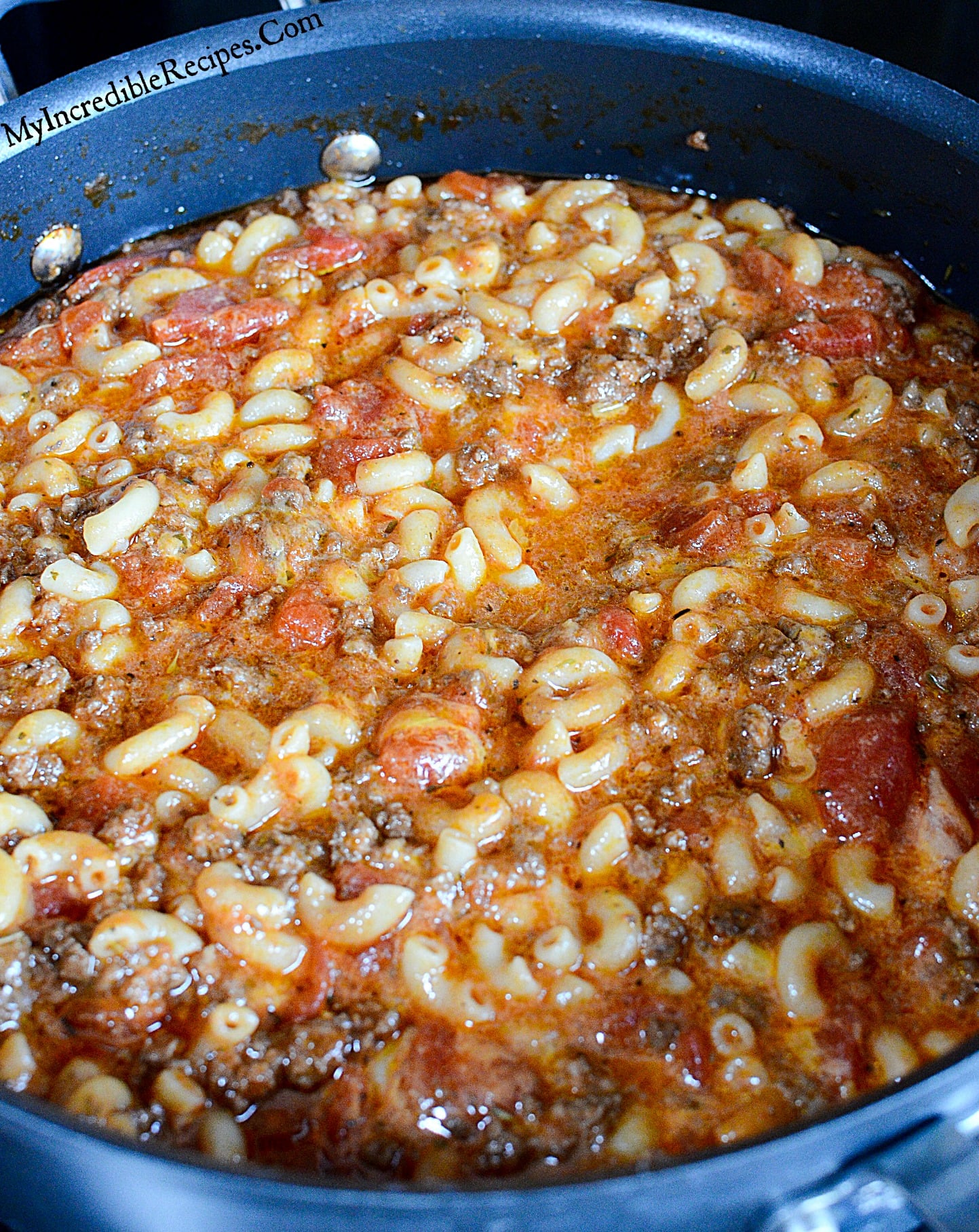Old Fashioned Goulash in a pot over head shot