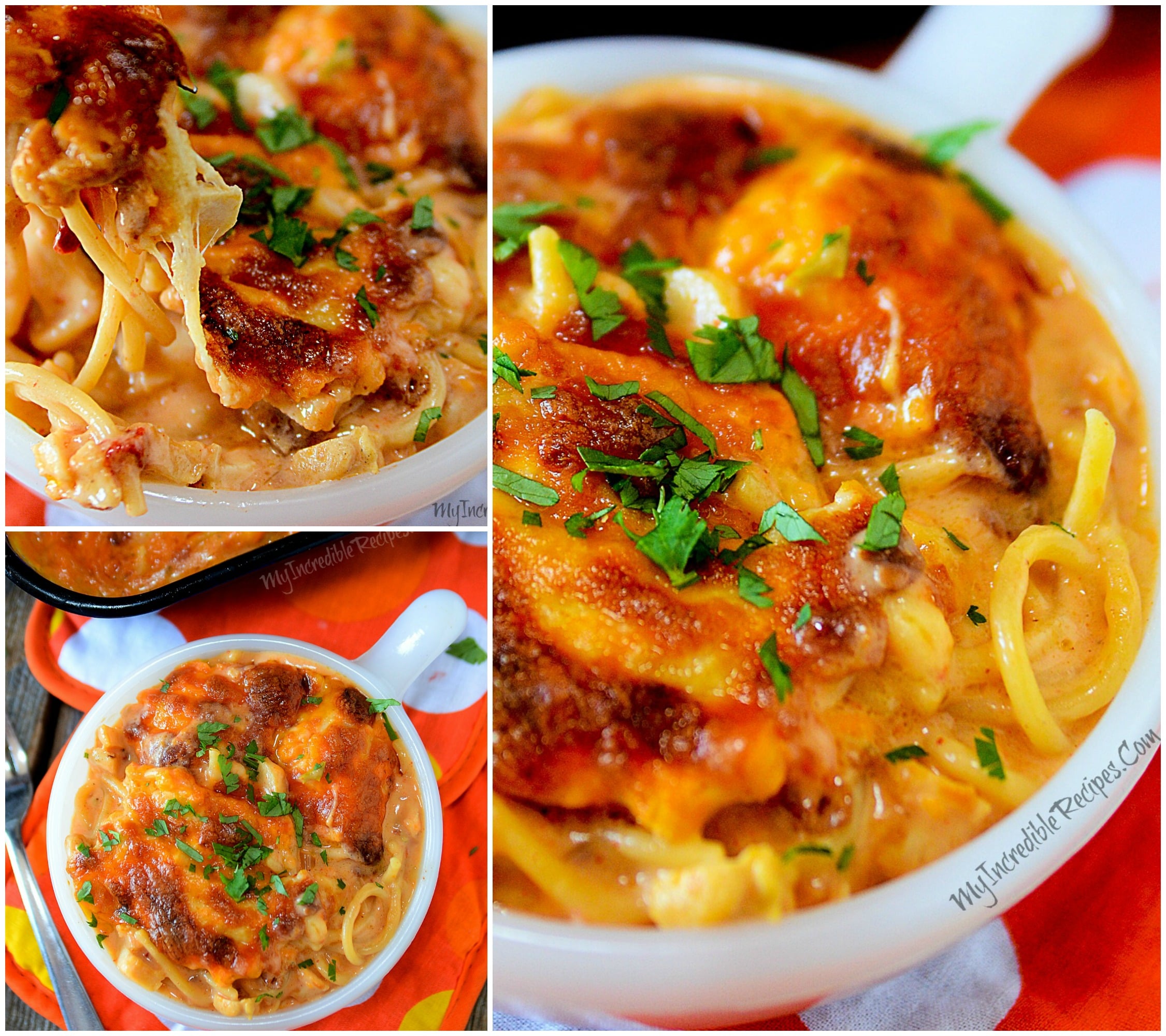 collage of the Cheesy Chicken Spaghetti in a white bowl with a fork lifting up a bite