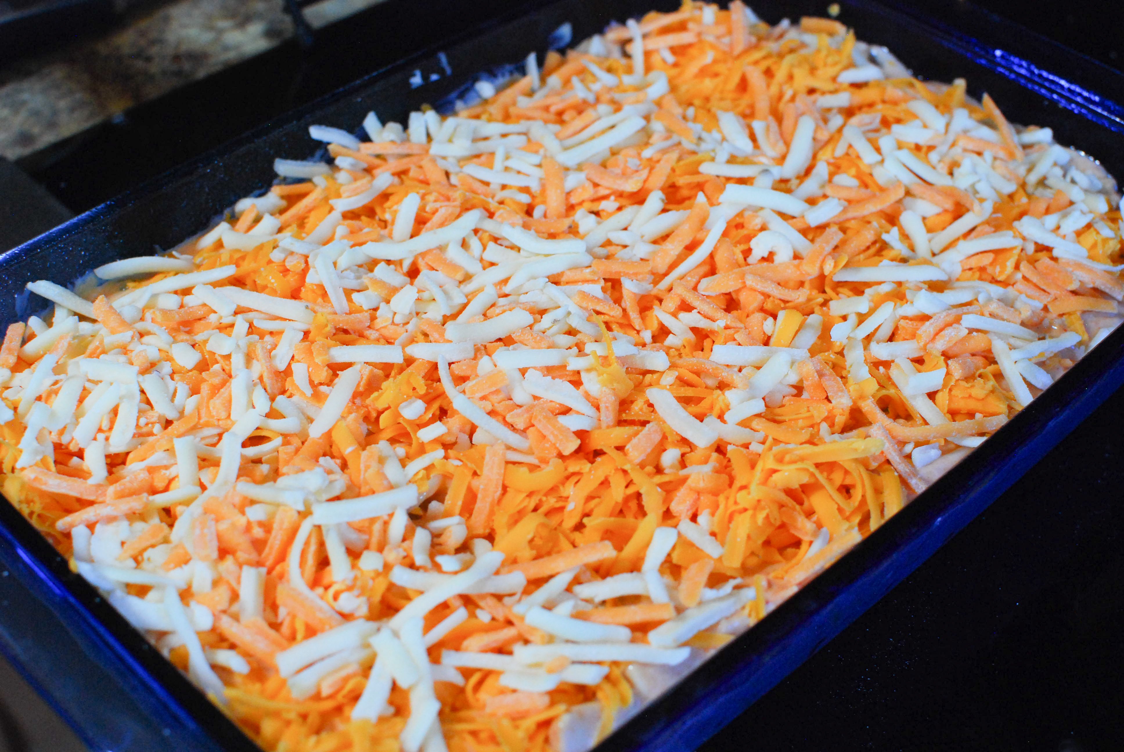 Chicken Spaghetti in a blue baking dish