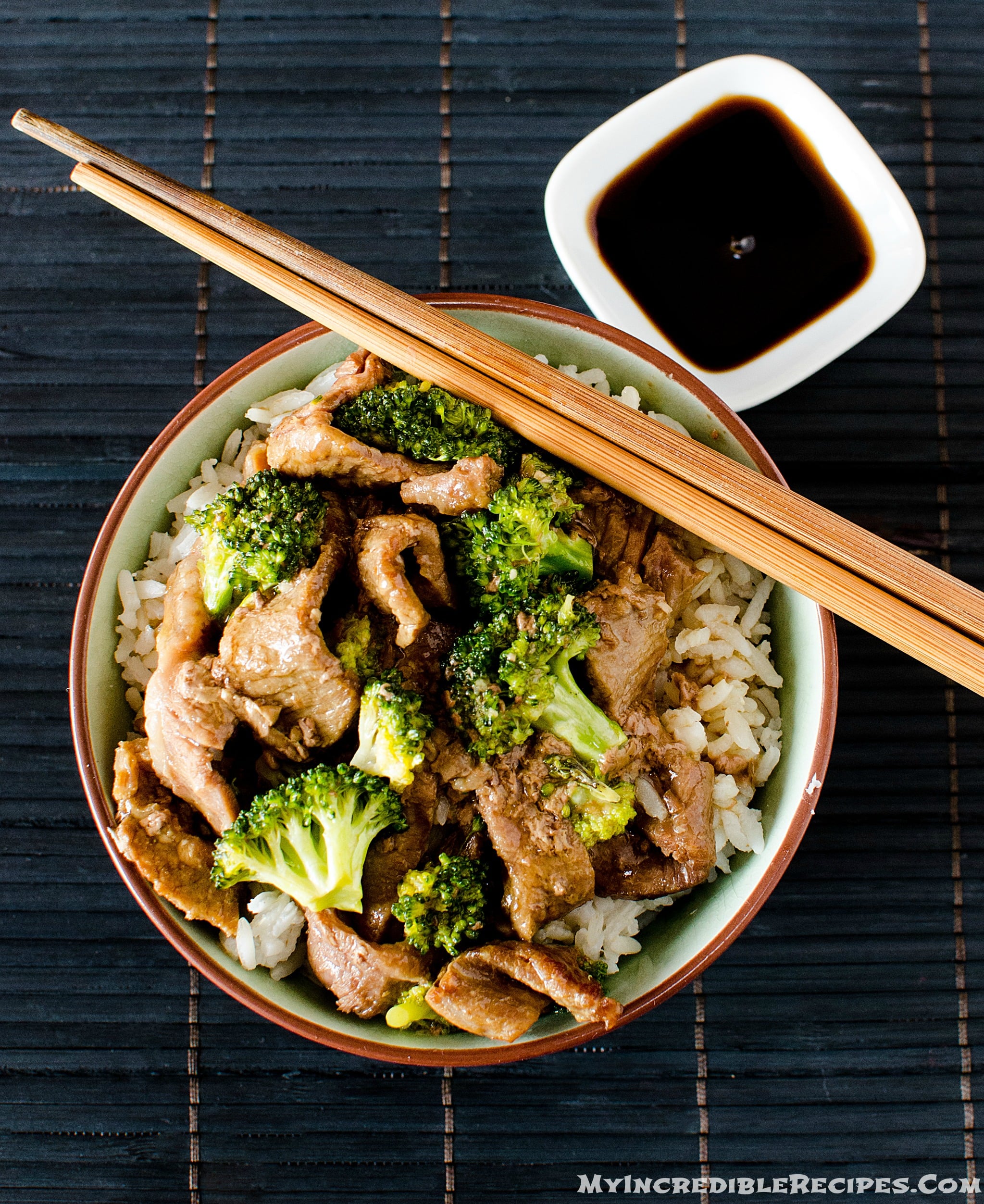 overhead shot of the Slow Cooker Beef & Broccoli in a pretty chinese printed bowl