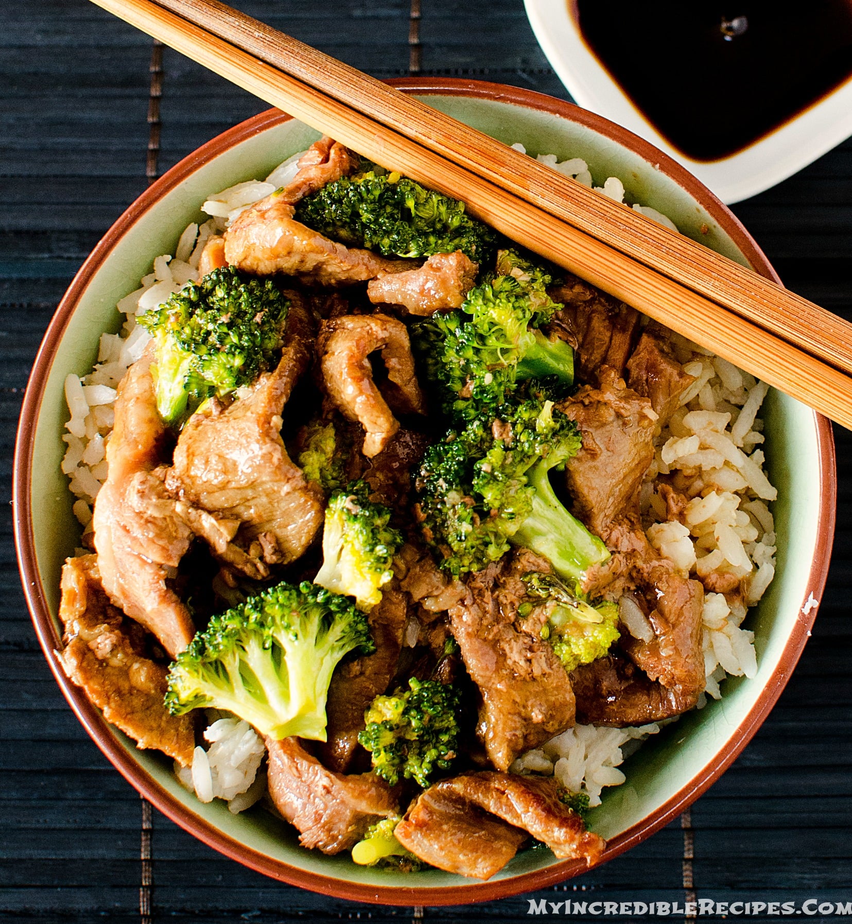 Slow Cooker Beef & Broccoli in a pretty chinese printed bowl