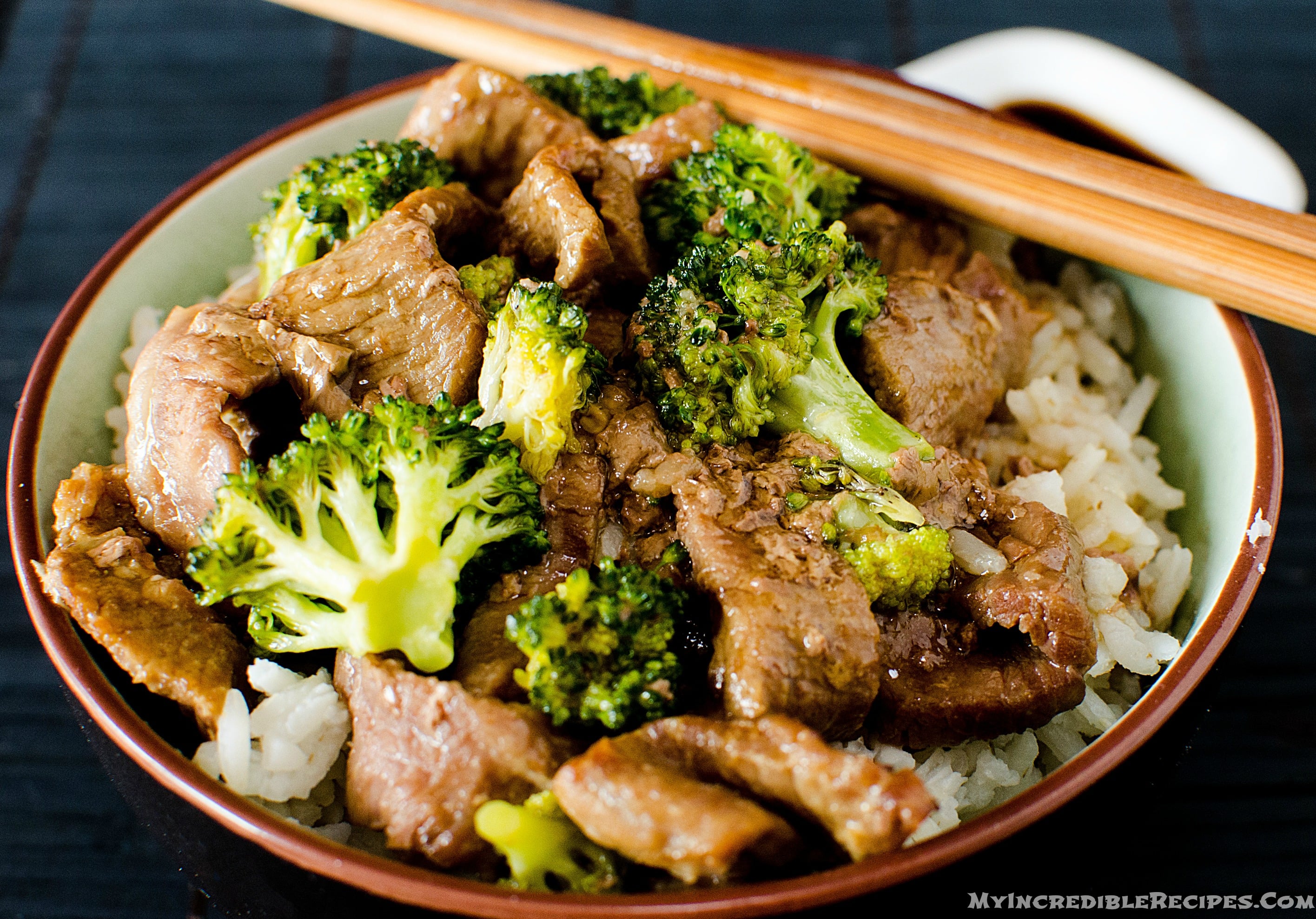 Slow Cooker Beef & Broccoli in a pretty chinese printed bowl