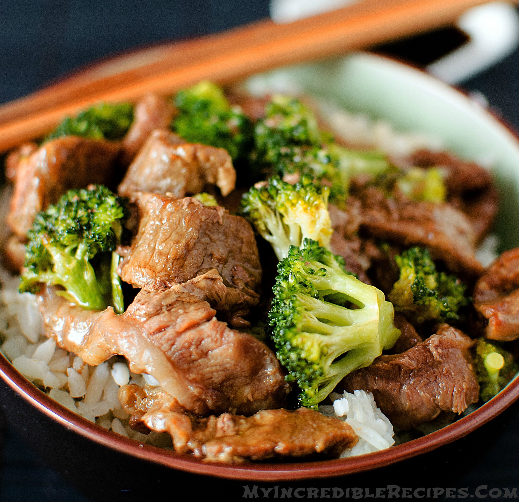 Slow Cooker Beef & Broccoli in a pretty chinese printed bowl