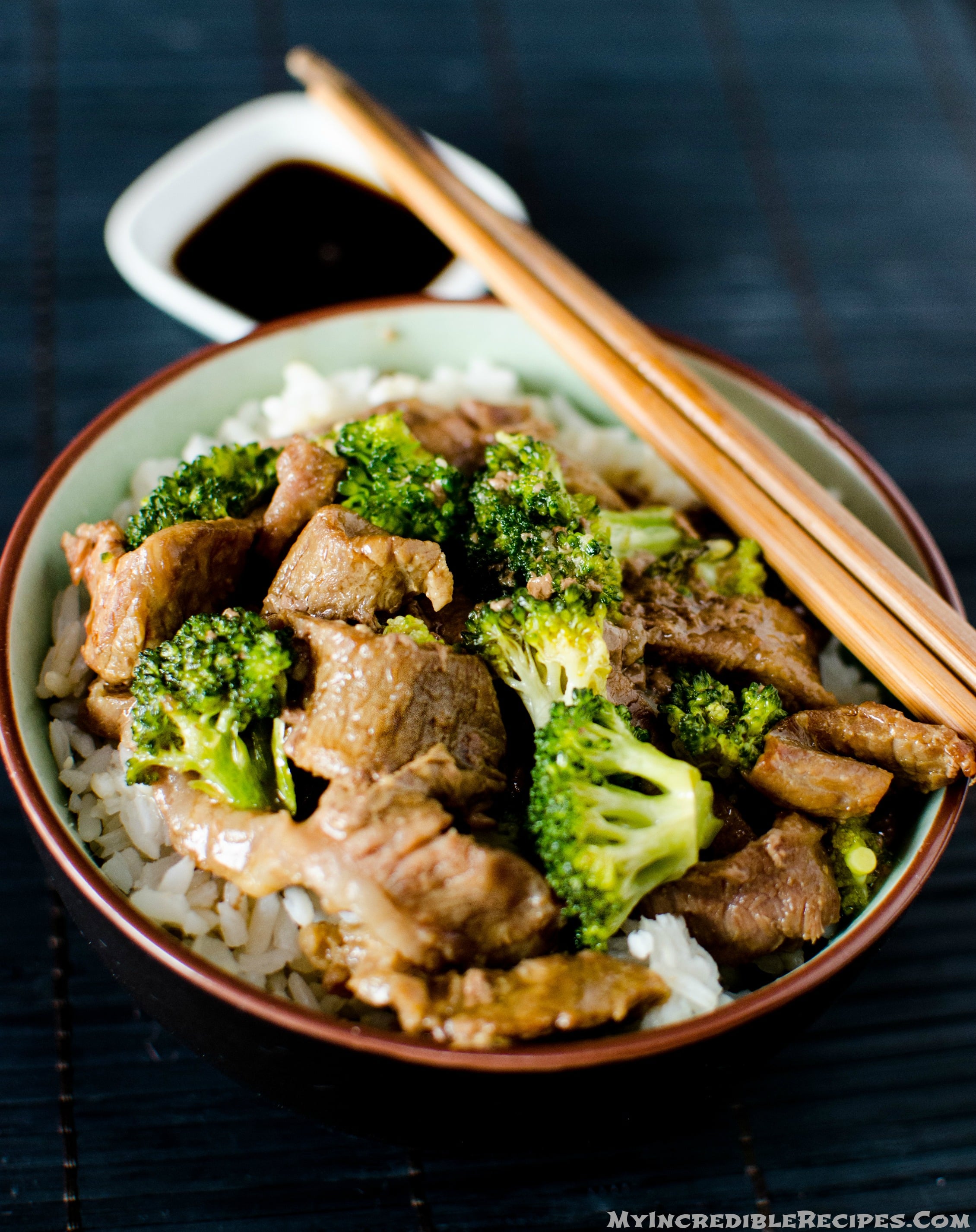 side view of the Slow Cooker Beef & Broccoli in a pretty chinese printed bowl