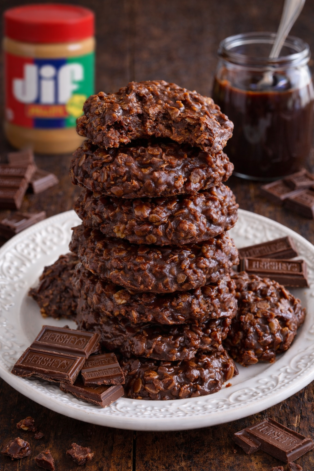 Chocolate Peanut Butter No Bake Cookies on a white plate stacked with a bite missing from the top one