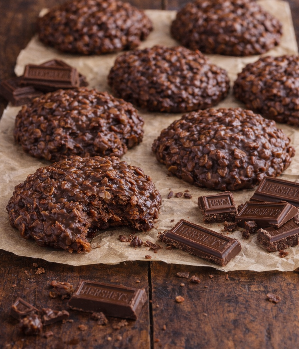 Chocolate Peanut Butter No Bake Cookies on parchment paper with a bite missing from one