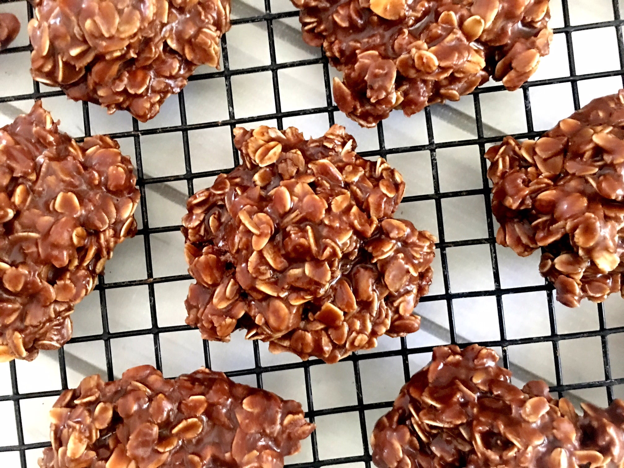 Chocolate Peanut Butter No Bake Cookies on a wire black rack