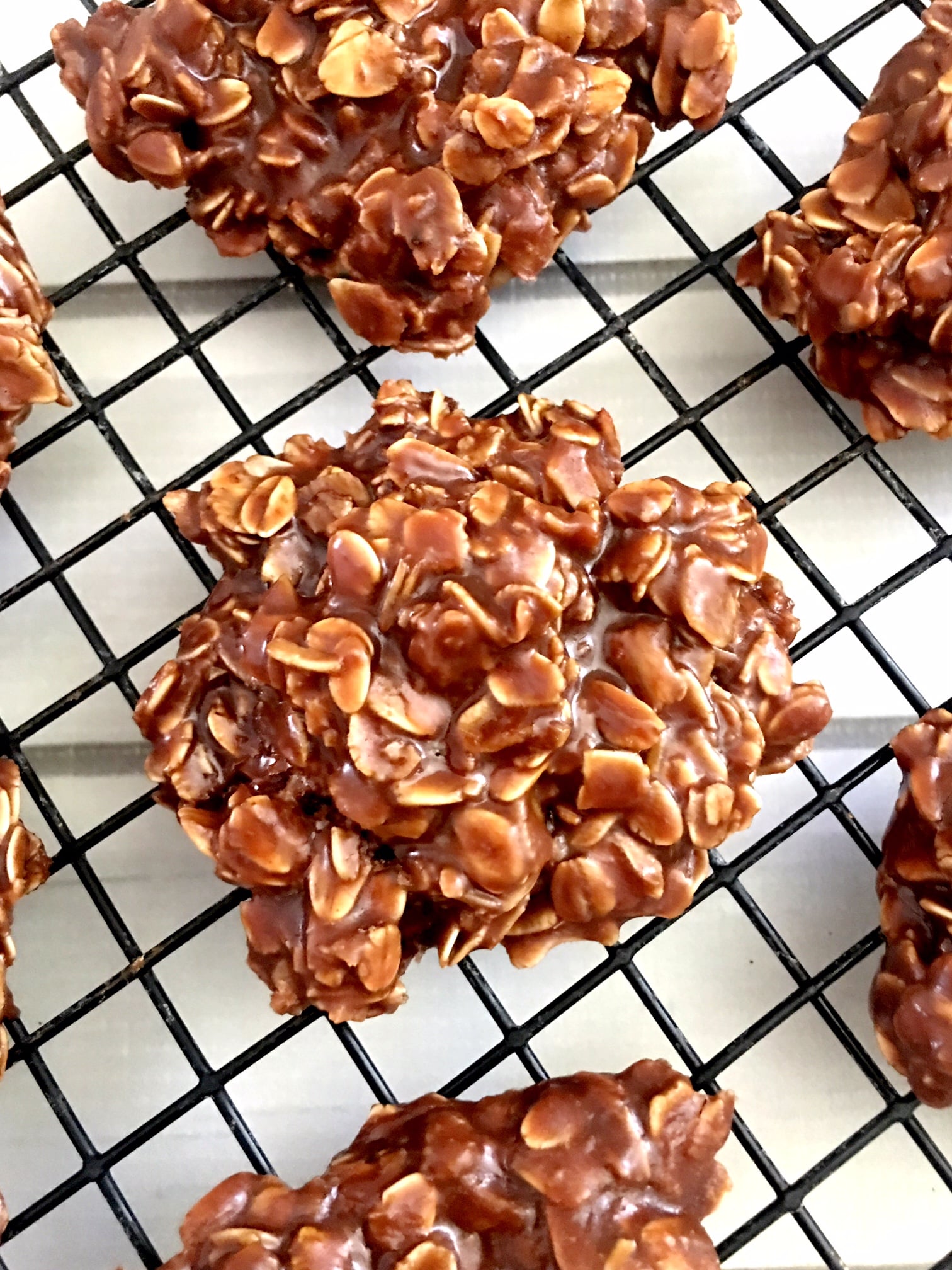 Chocolate Peanut Butter No Bake Cookies on a wire cooling rack
