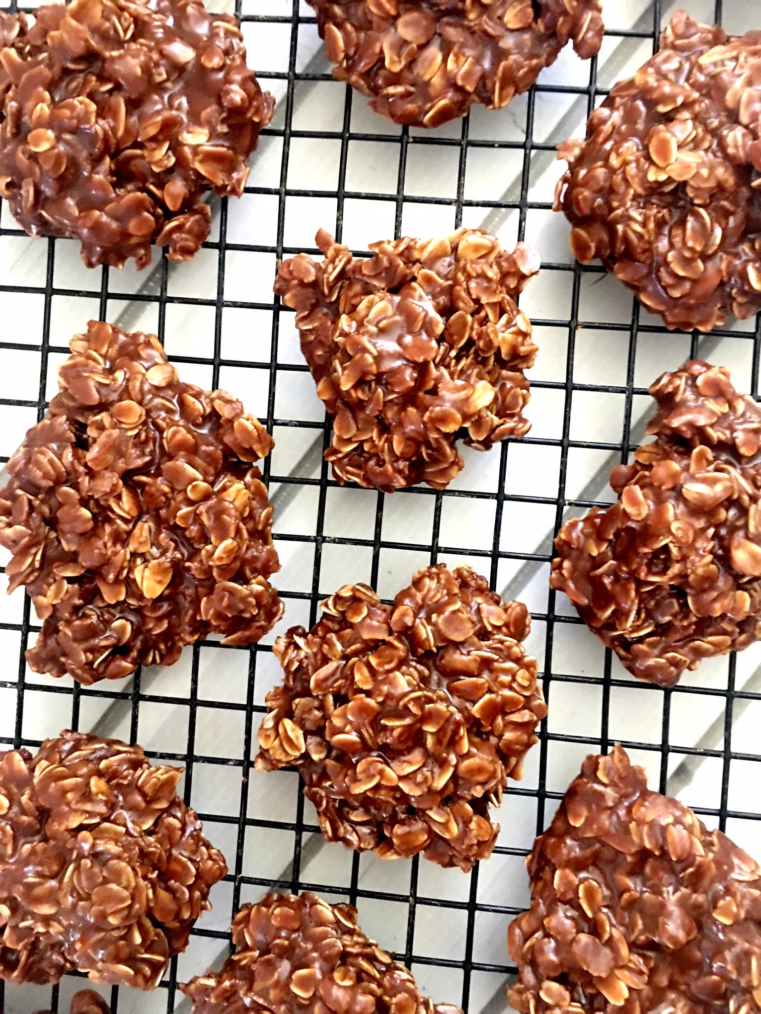 Chocolate Peanut Butter No Bake Cookies on a cooling rack