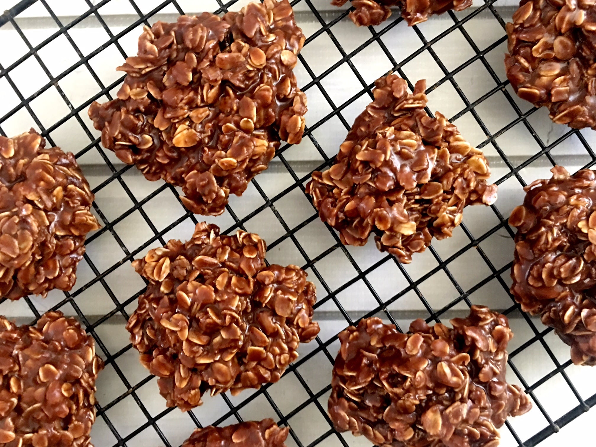 Chocolate Peanut Butter No Bake Cookies on a wire rack
