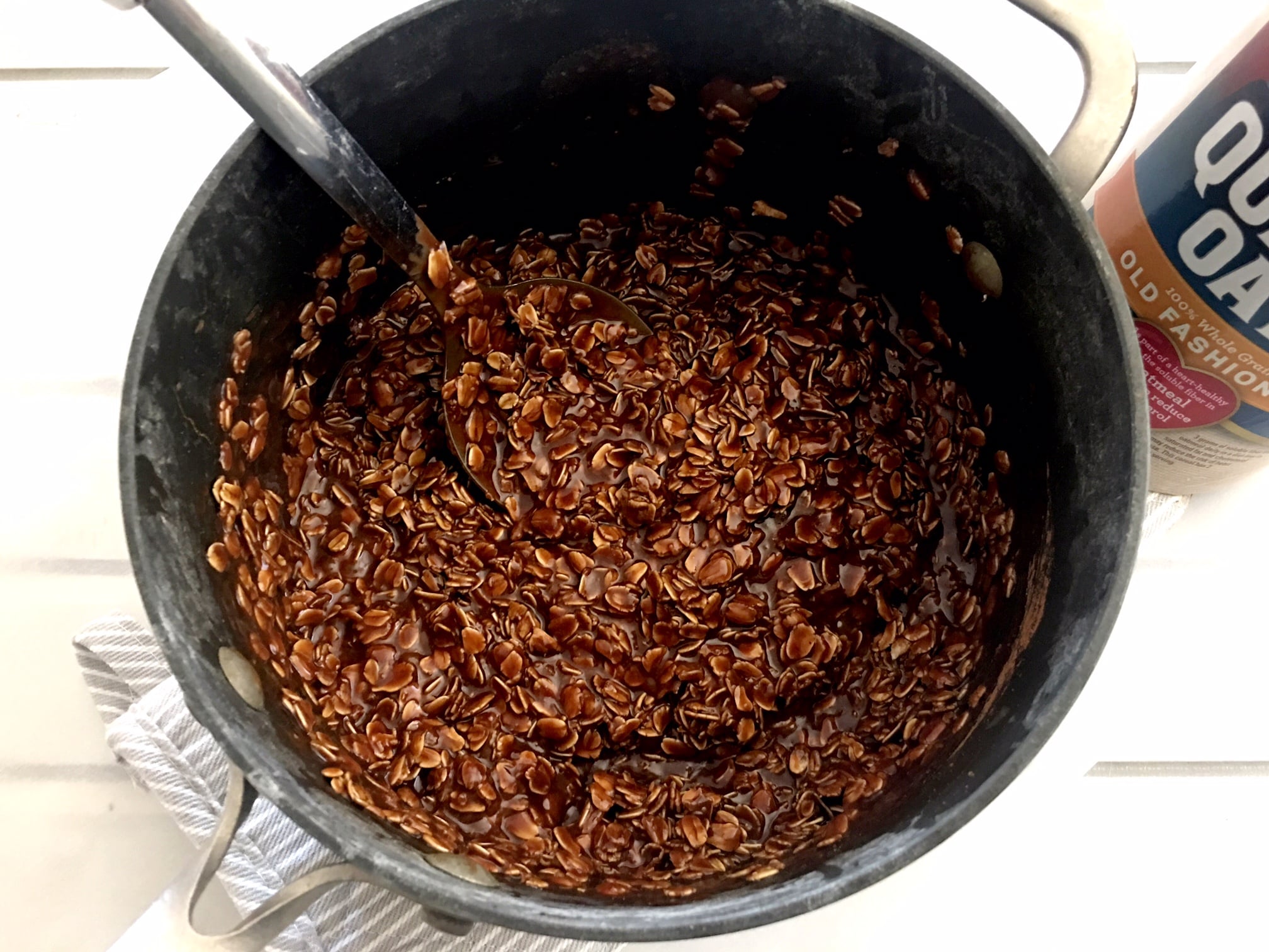 Chocolate Peanut Butter No Bake Cookies being mixed in a pot