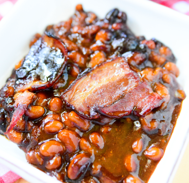 Brown Sugar Bacon Baked Beans on a white plate
