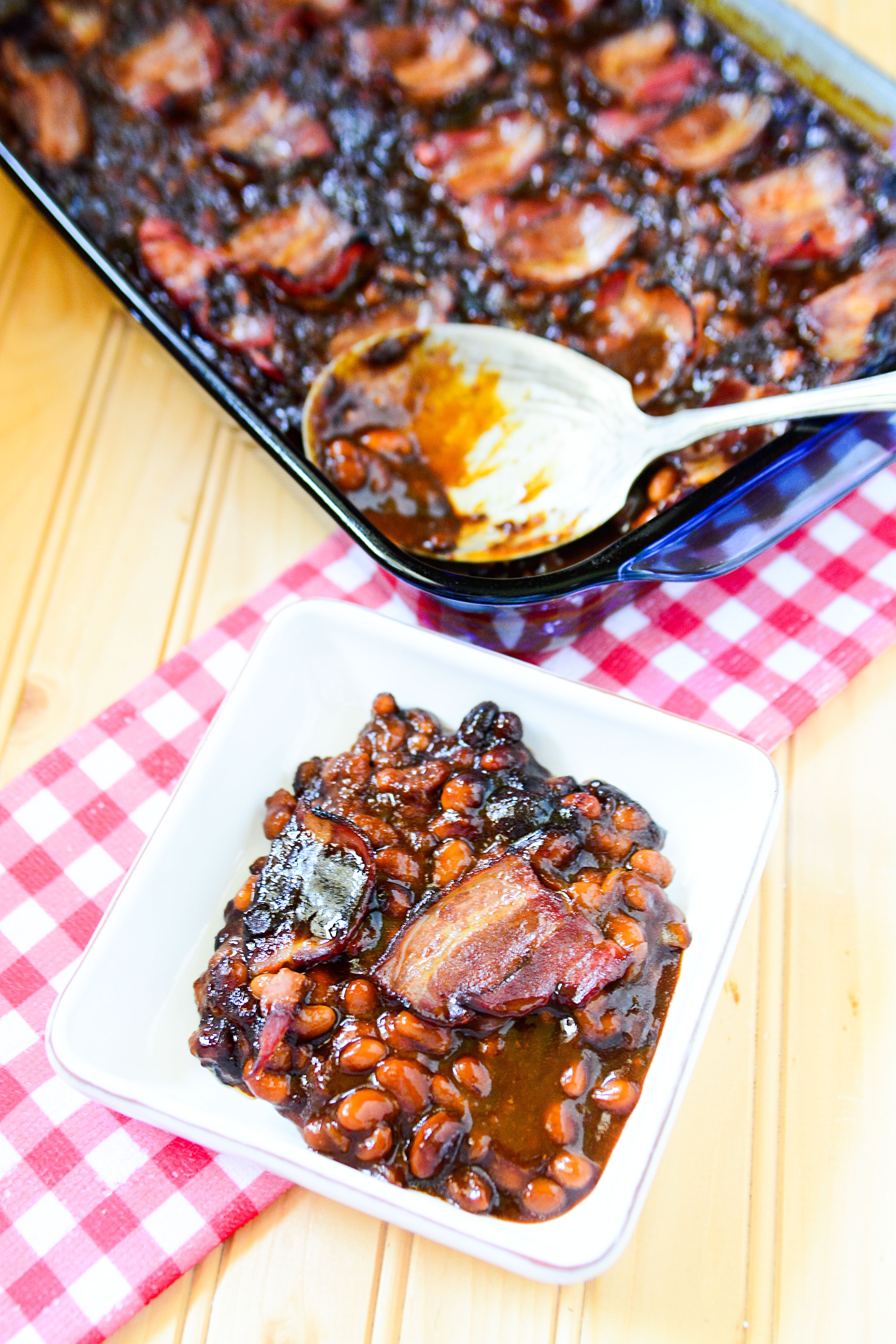 Brown Sugar Bacon Baked Beans in a white bowl