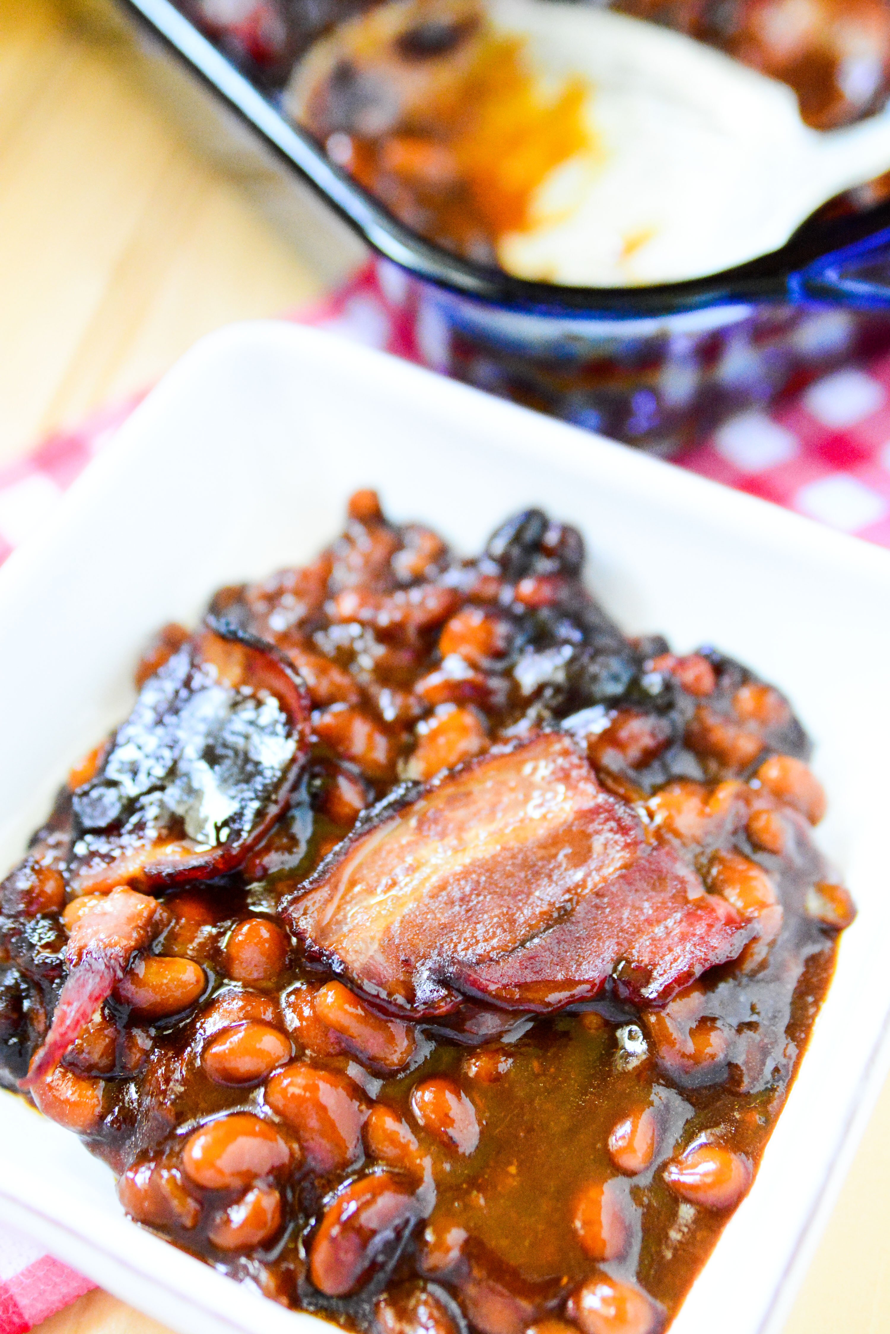 Brown Sugar Bacon Baked Beans in a white bowl