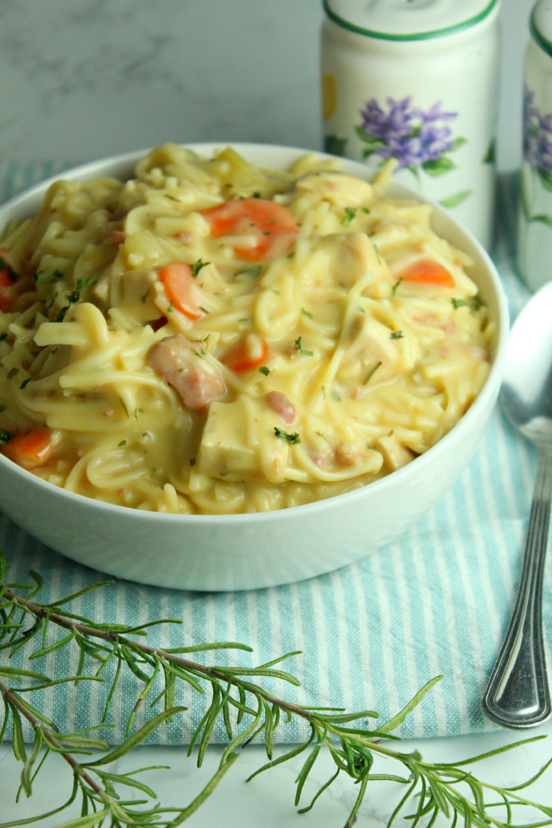 Crack Chicken Noodle Soup in a white bowl