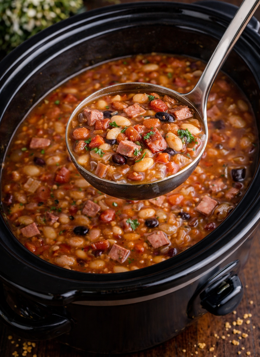 slow cooker ham and bean soup in a black slow cooker with a spoon lifting some up