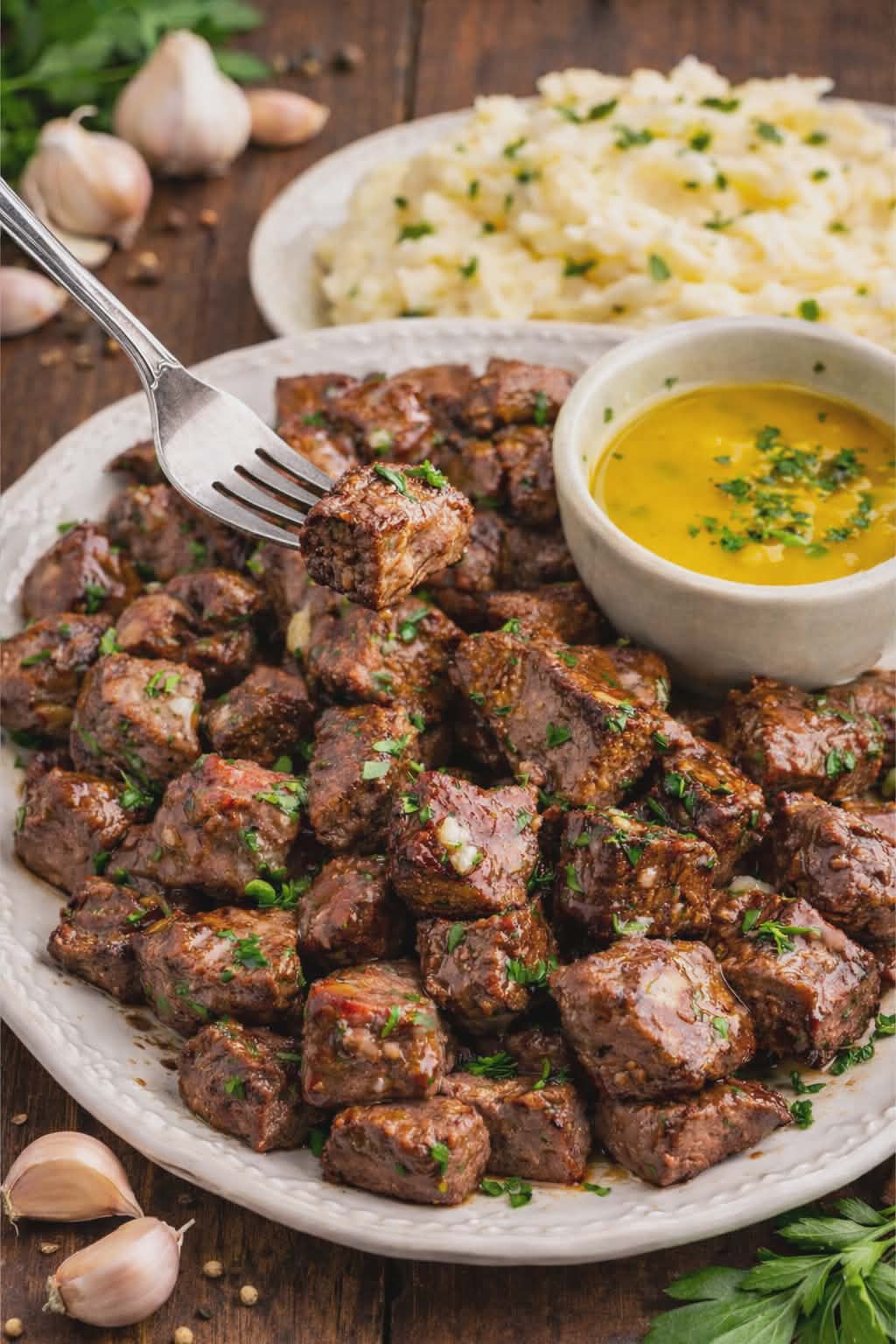 Juicy Garlic Butter Steak Bites on a pretty white plate with mashed potatoes in the background and a fork holding up a bite