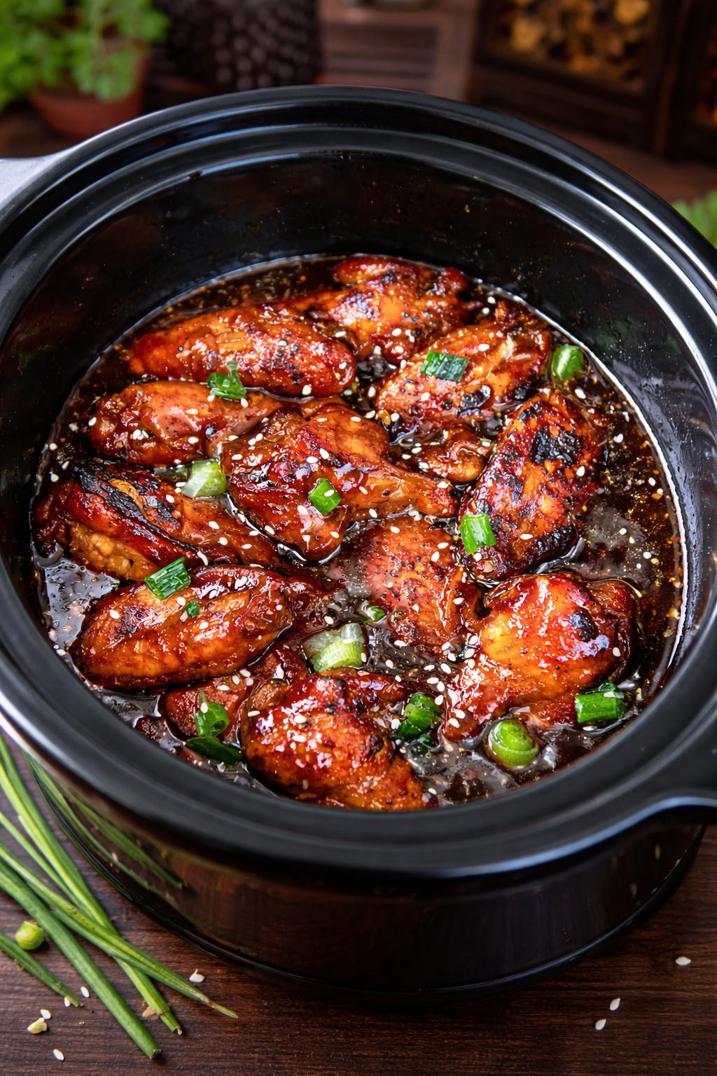 Slow Cooker Chicken Teriyaki Wings in a black slow cooker