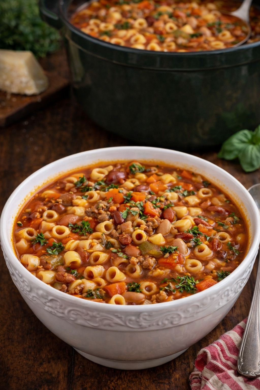 The Ultimate Pasta e Fagioli Soup in a white designed bowl on a dark table