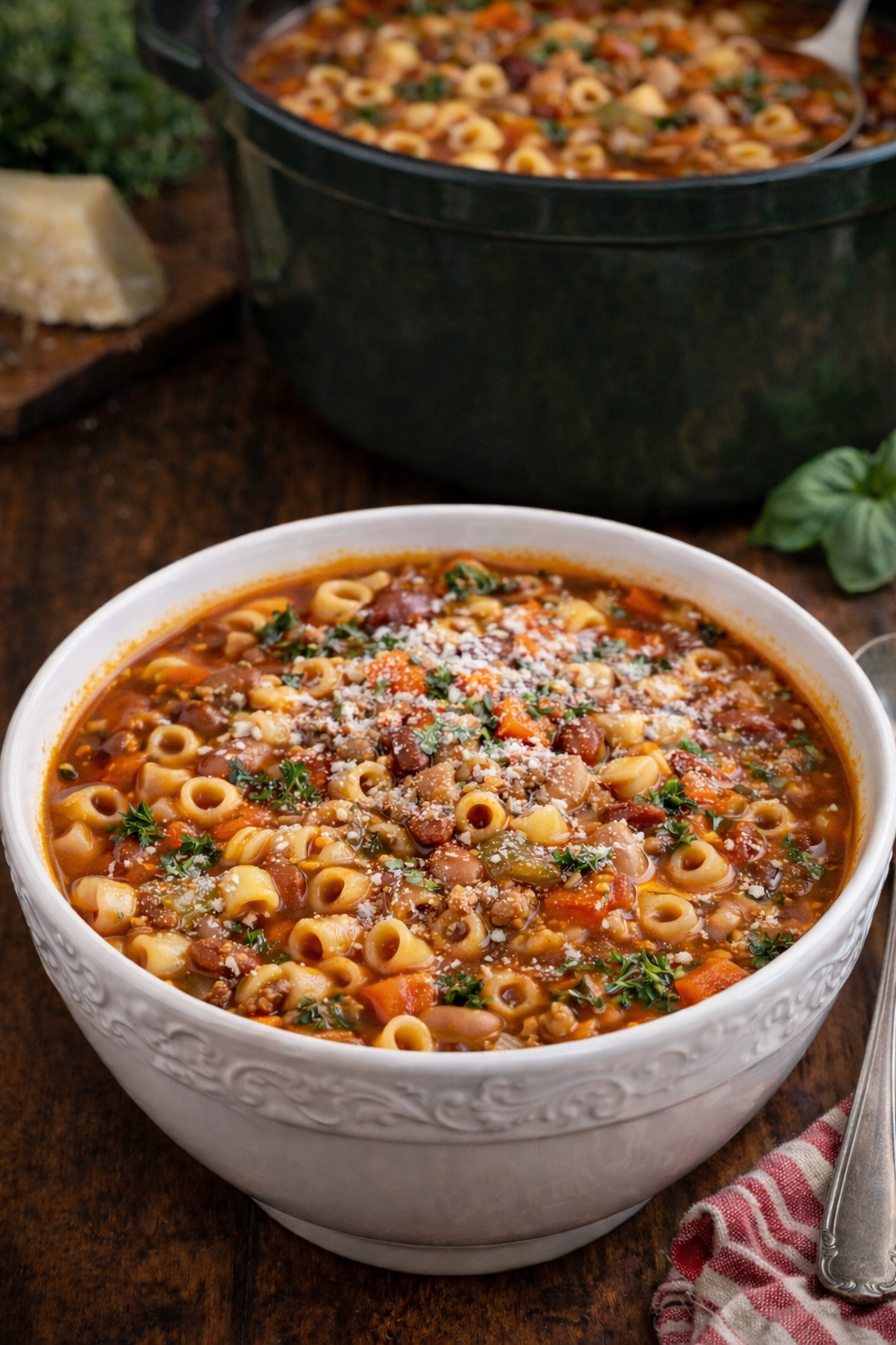 The Ultimate Pasta e Fagioli Soup in a pretty white bowl