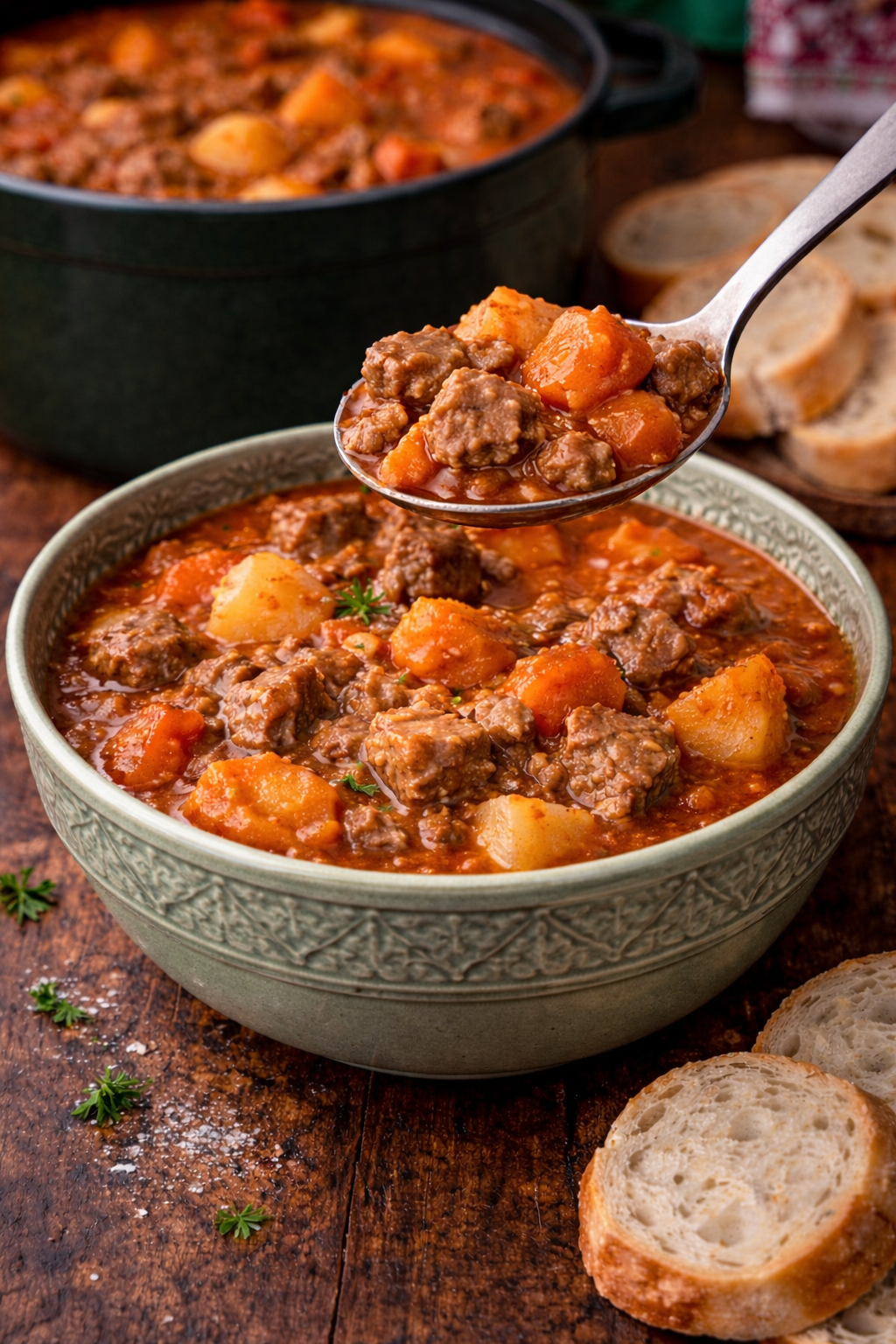 Hungarian Goulash in a green bowl with a spoon lifting up a bite
