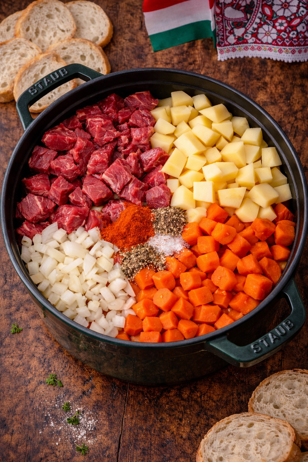 Hungarian Goulash ingredients in a green dutch oven pot