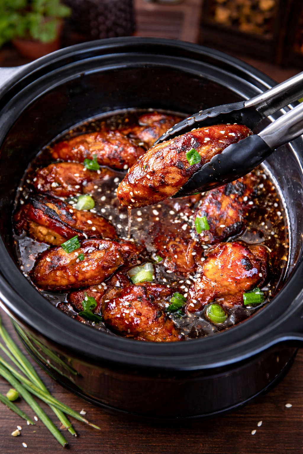 Slow Cooker Teriyaki Wings in a slow cooker with tongs lifting one up