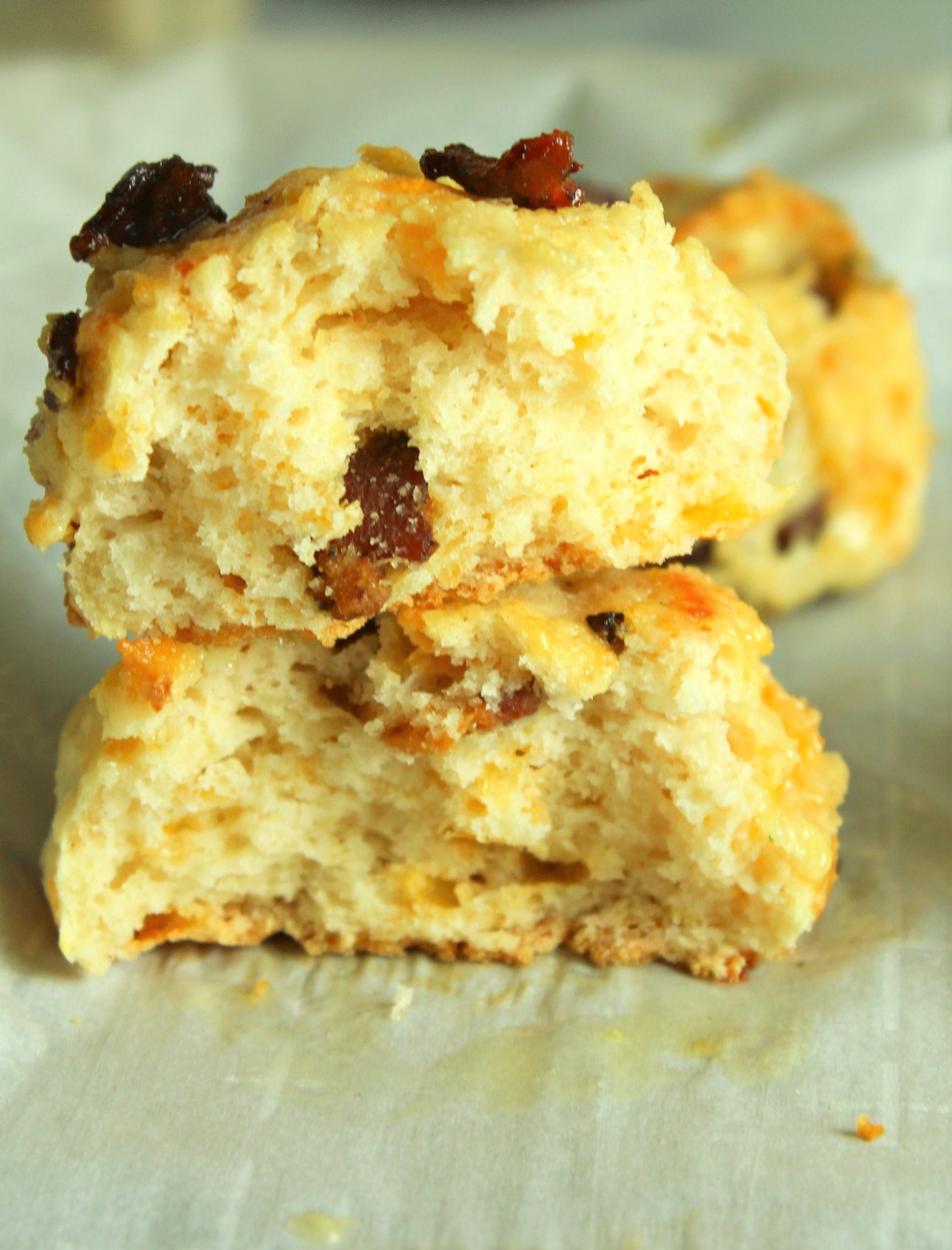 up close shot of Cheesy Bacon Garlic Biscuits open