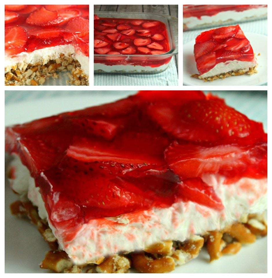 collage old image of my Strawberry Pretzel Salad on a pretty white plate and in a baking dish collage