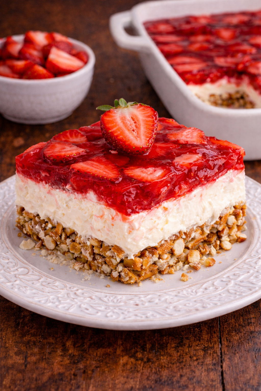 Strawberry Pretzel Salad on a pretty white plate