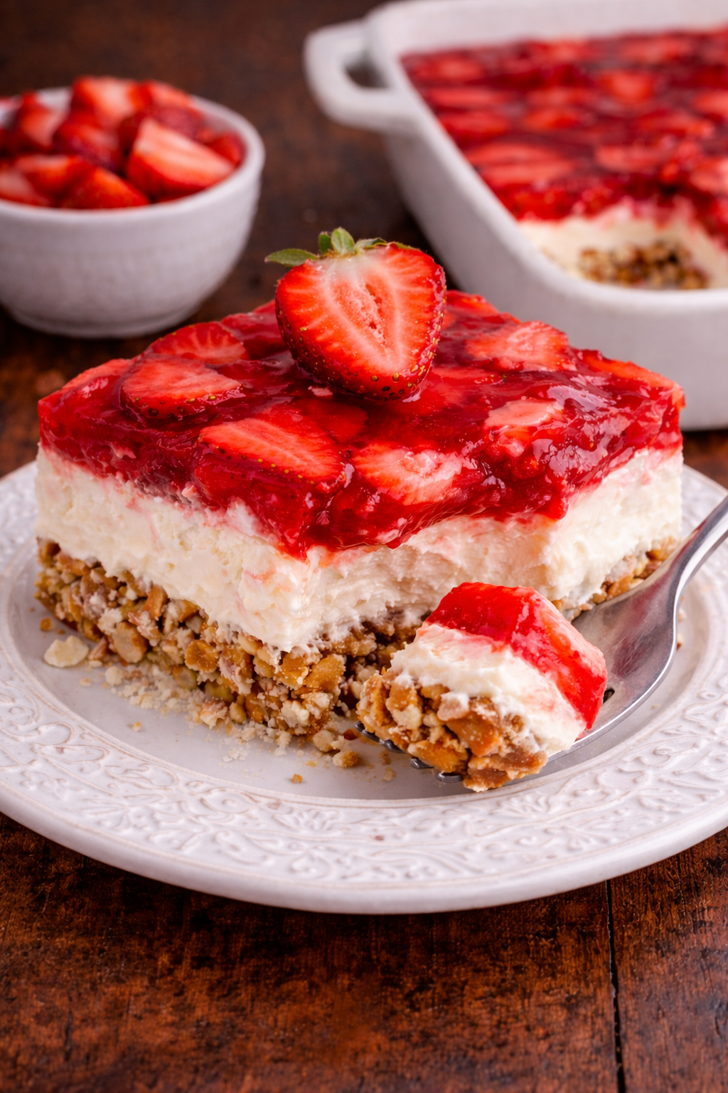 Strawberry Pretzel Salad on a pretty white plate with a fork taking a bite out of the slice