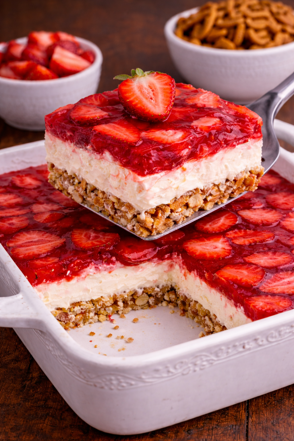 Strawberry Pretzel Salad in a pretty white baking pan with a slice being lifted up