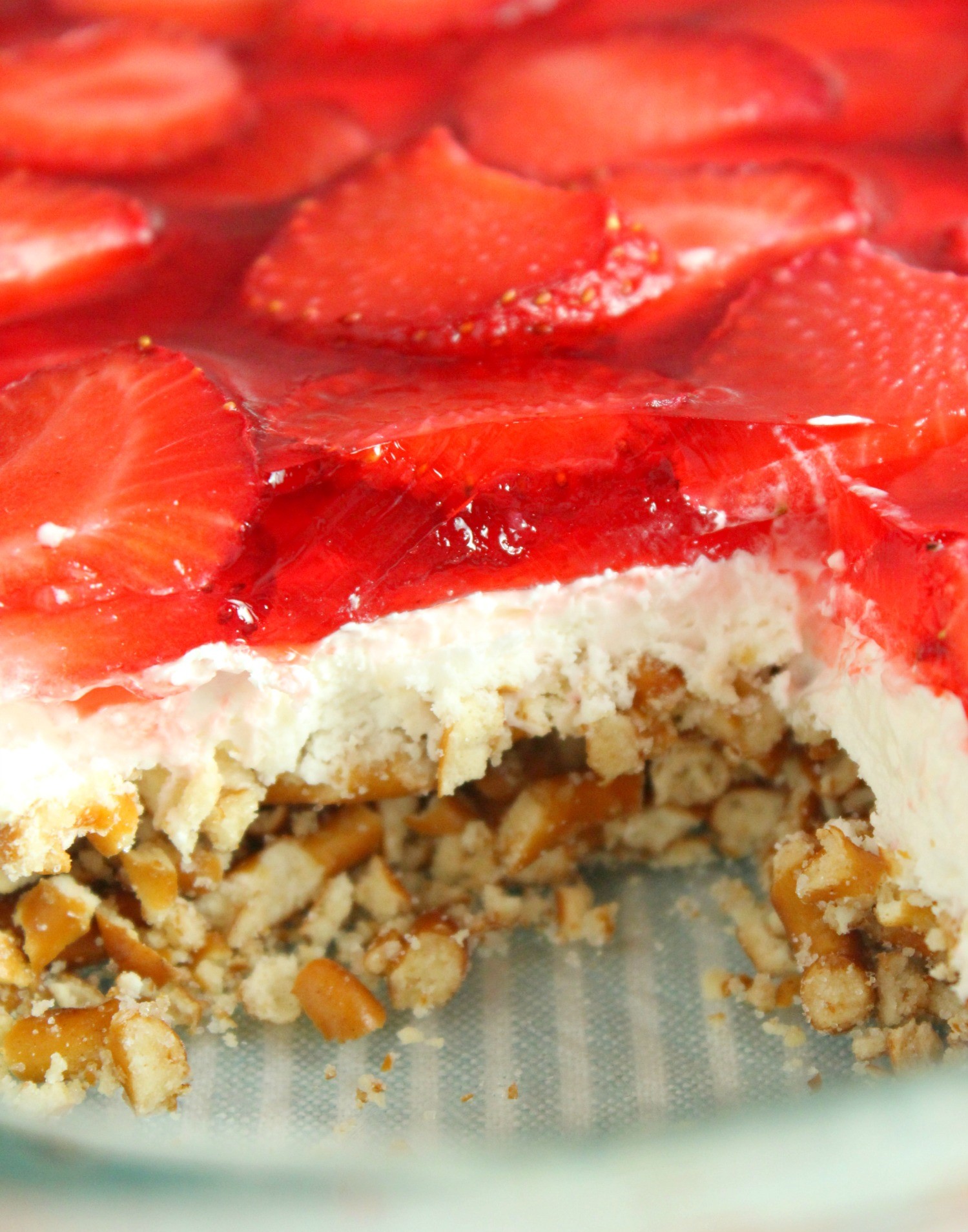 old image of my Strawberry Pretzel Salad in a clear baking pan