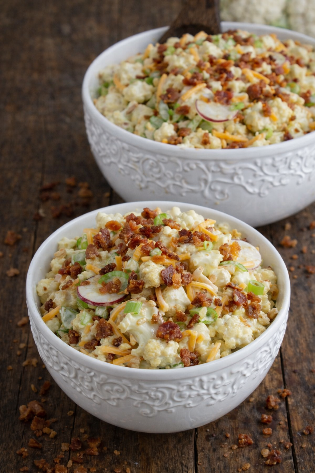Loaded Cauliflower Salad in two small pretty white bowls