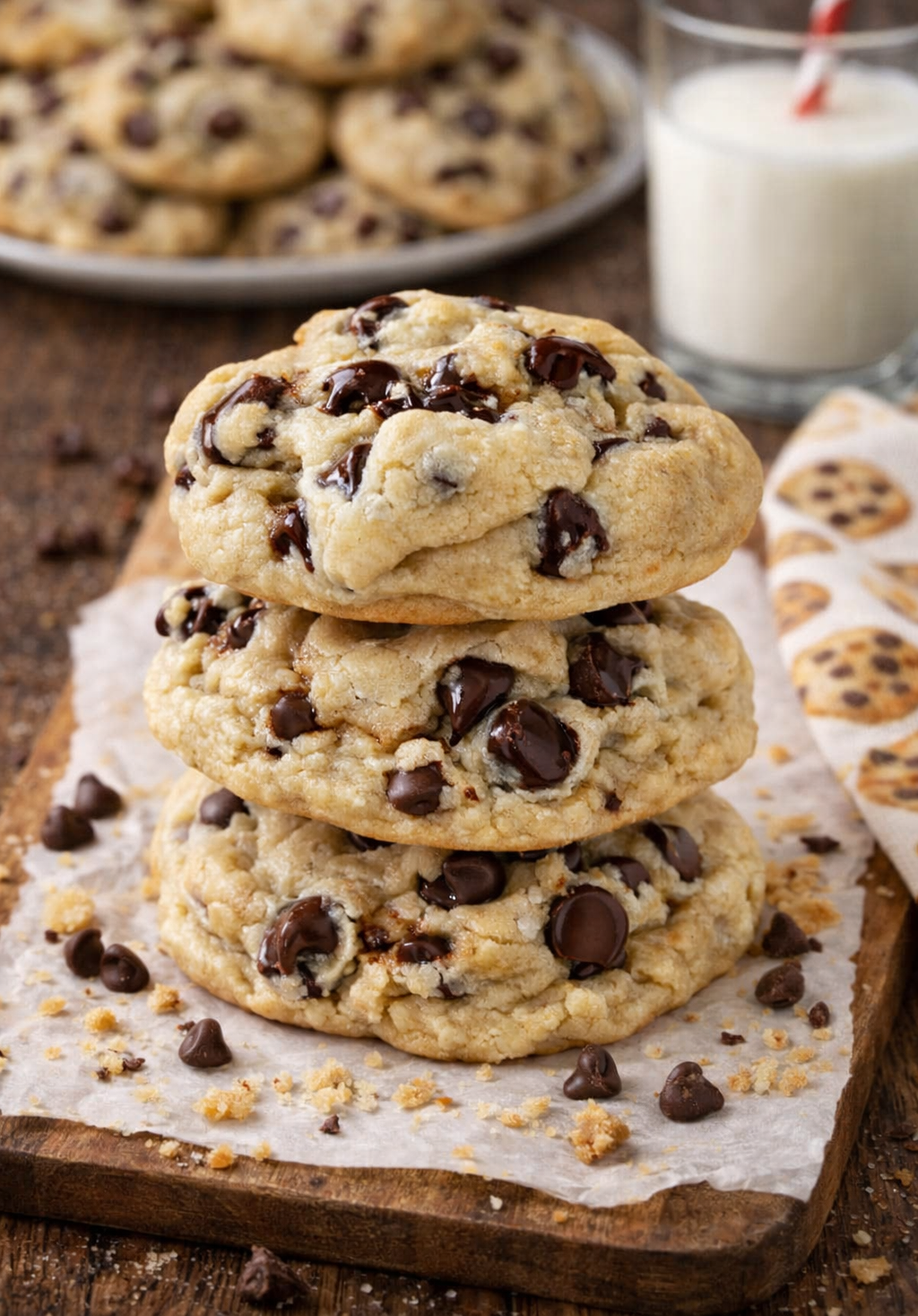 Soft Batch Cream Cheese Chocolate Chip Cookies in a stack