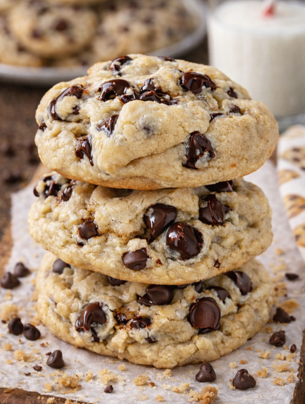 Soft Batch Cream Cheese Chocolate Chip Cookies in a stack of 3
