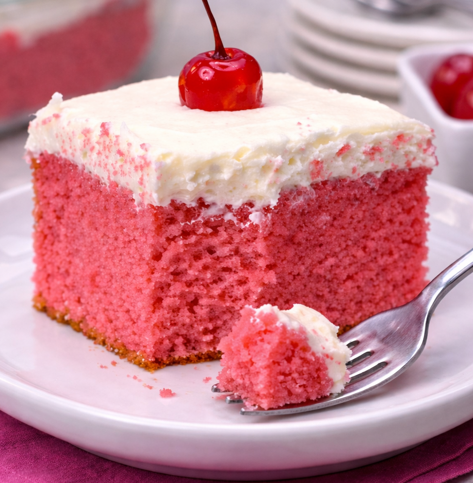 Very Cherry Cake with Vanilla Buttercream on a white plate up close with a fork taking a bite